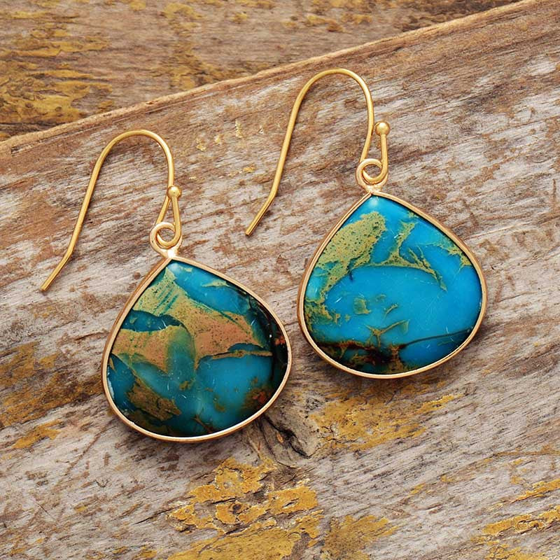 18K gold-plated earrings featuring natural stone in turquoise and gold hues, perfect for stylish accessories.