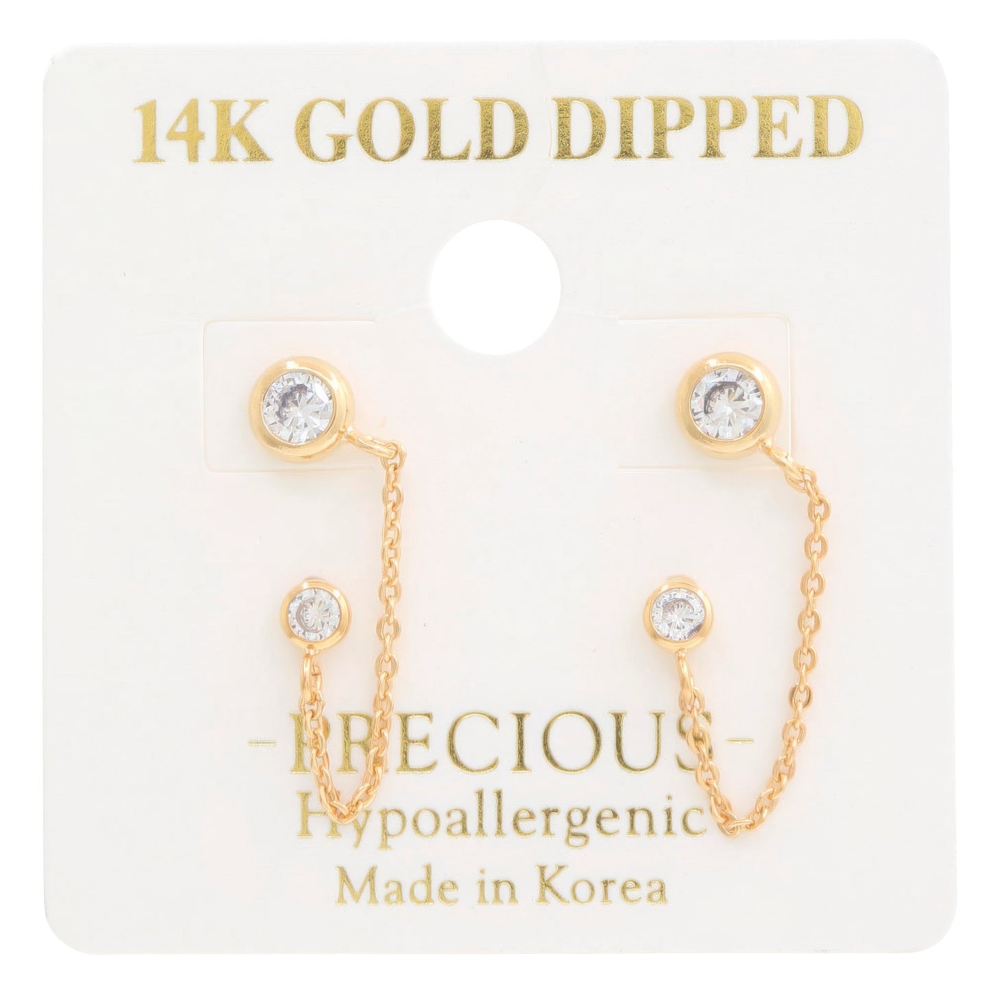 Elegant 14K gold dipped chain earrings with sparkling crystals on a display card. Hypoallergenic and made in Korea.