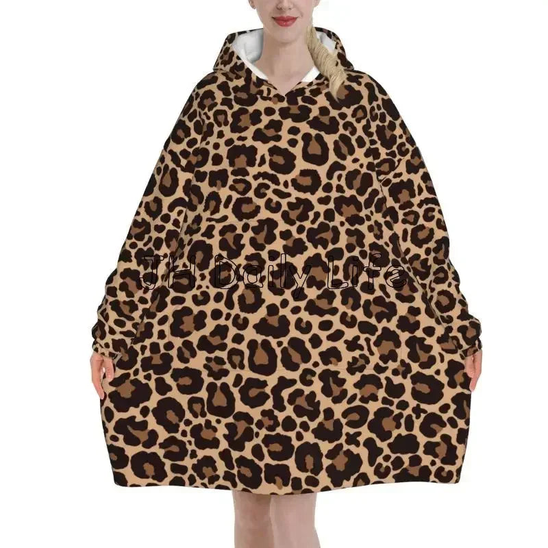Leopard Oversized Blanket Hoodie Sweatshirt Wearable Fleece Pullover Warm Cozy Microfiber Fleece Sherpa Blankets