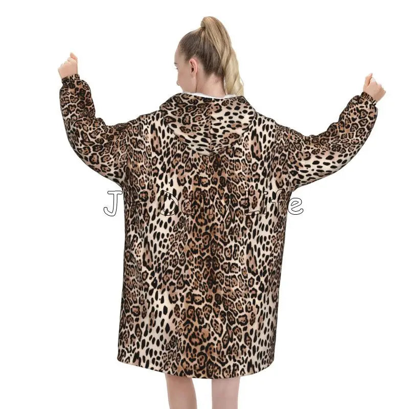 Leopard Oversized Blanket Hoodie Sweatshirt Wearable Fleece Pullover Warm Cozy Microfiber Fleece Sherpa Blankets