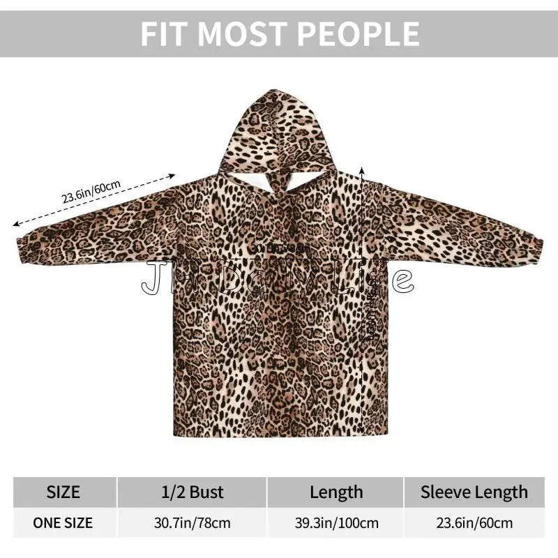 Leopard Oversized Blanket Hoodie Sweatshirt Wearable Fleece Pullover Warm Cozy Microfiber Fleece Sherpa Blankets