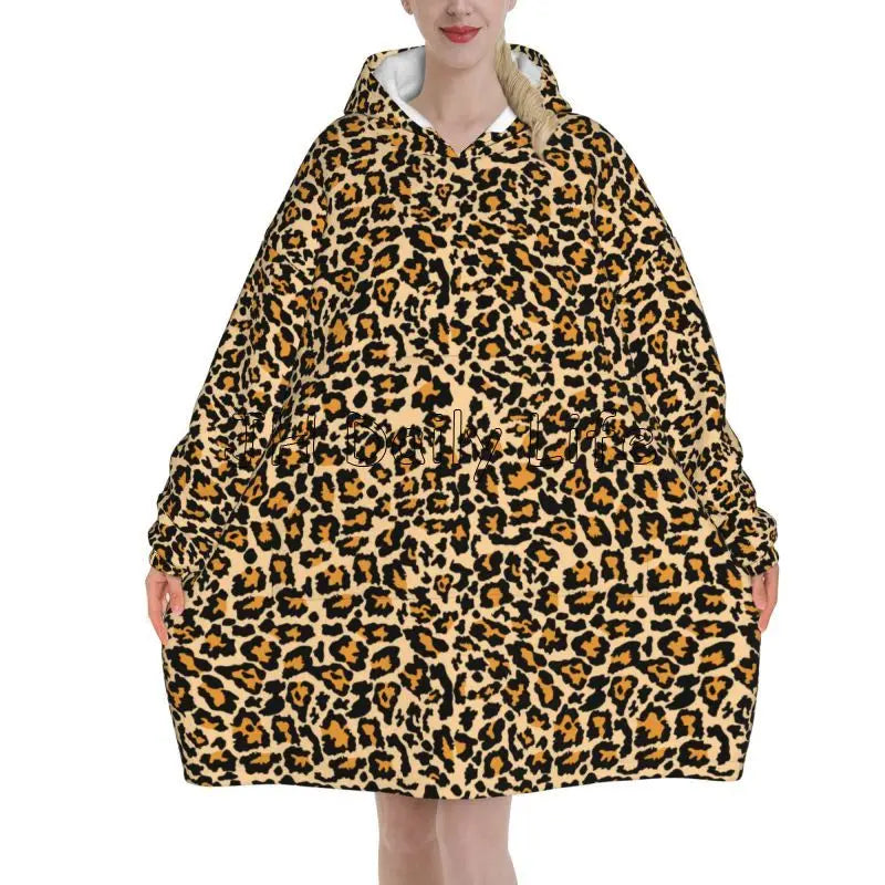 Leopard Oversized Blanket Hoodie Sweatshirt Wearable Fleece Pullover Warm Cozy Microfiber Fleece Sherpa Blankets