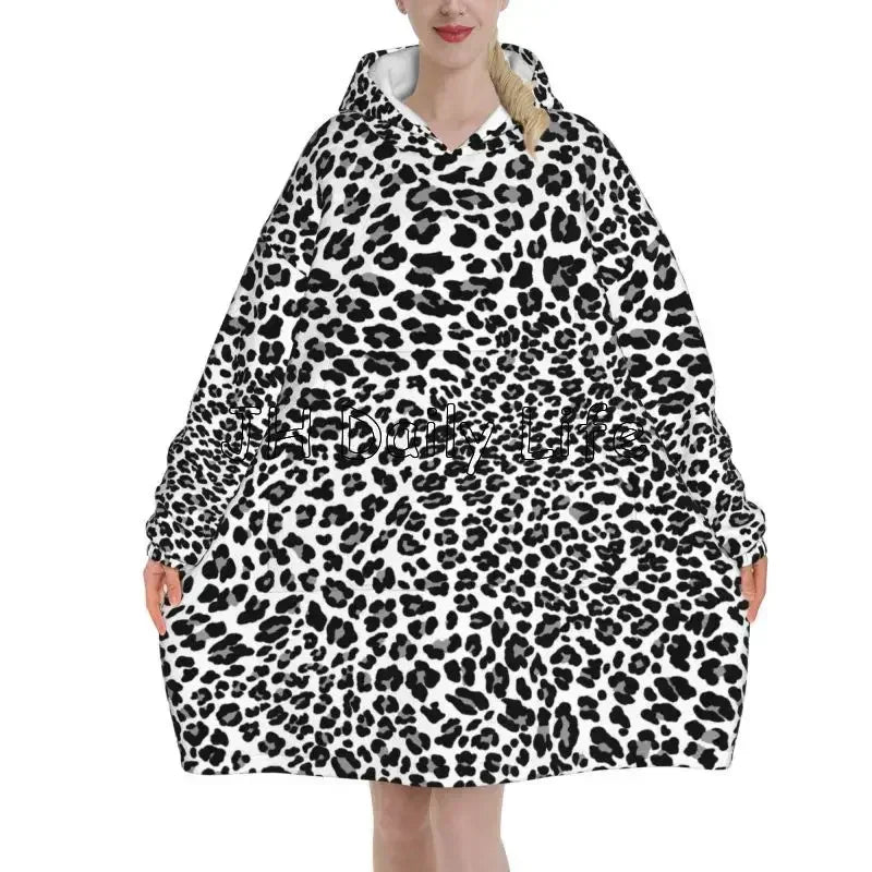 Leopard Oversized Blanket Hoodie Sweatshirt Wearable Fleece Pullover Warm Cozy Microfiber Fleece Sherpa Blankets