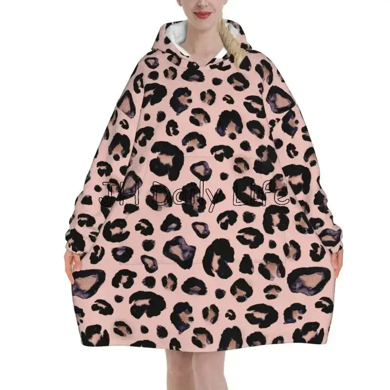 Leopard Oversized Blanket Hoodie Sweatshirt Wearable Fleece Pullover Warm Cozy Microfiber Fleece Sherpa Blankets