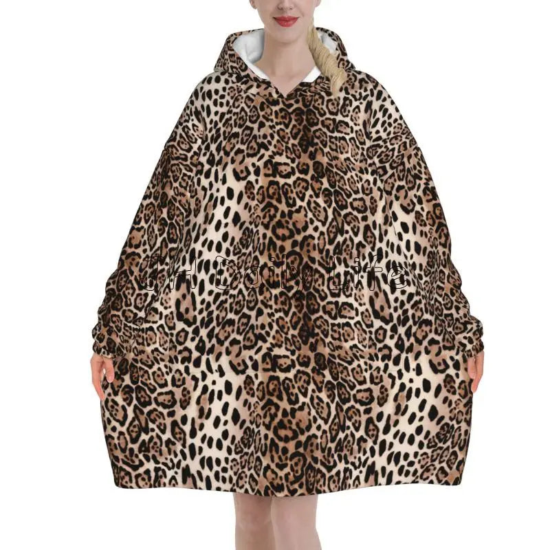 Leopard Oversized Blanket Hoodie Sweatshirt Wearable Fleece Pullover Warm Cozy Microfiber Fleece Sherpa Blankets