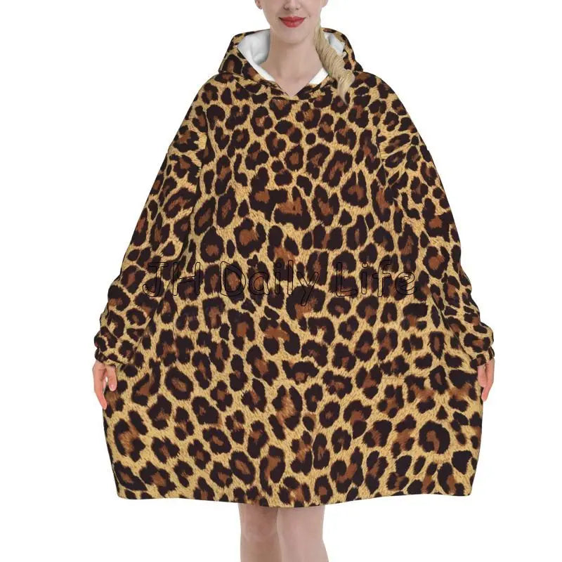 Leopard Oversized Blanket Hoodie Sweatshirt Wearable Fleece Pullover Warm Cozy Microfiber Fleece Sherpa Blankets