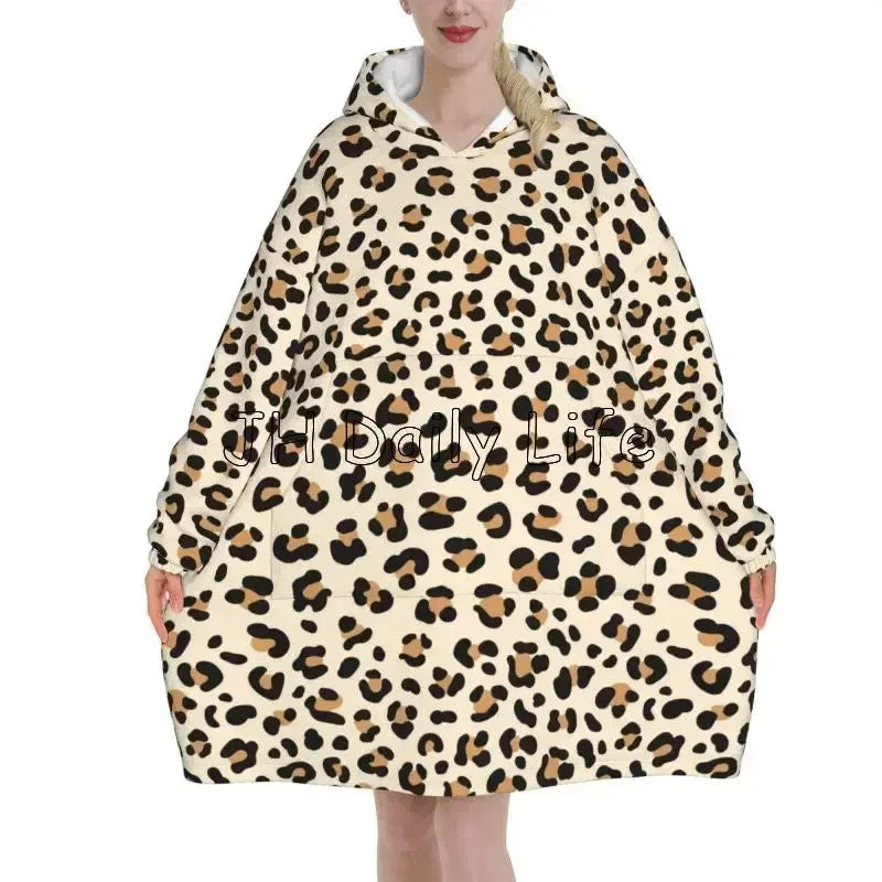 Leopard Oversized Blanket Hoodie Sweatshirt Wearable Fleece Pullover Warm Cozy Microfiber Fleece Sherpa Blankets