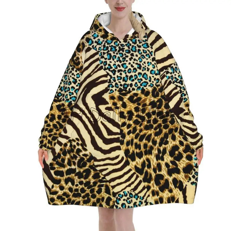 Leopard Oversized Blanket Hoodie Sweatshirt Wearable Fleece Pullover Warm Cozy Microfiber Fleece Sherpa Blankets