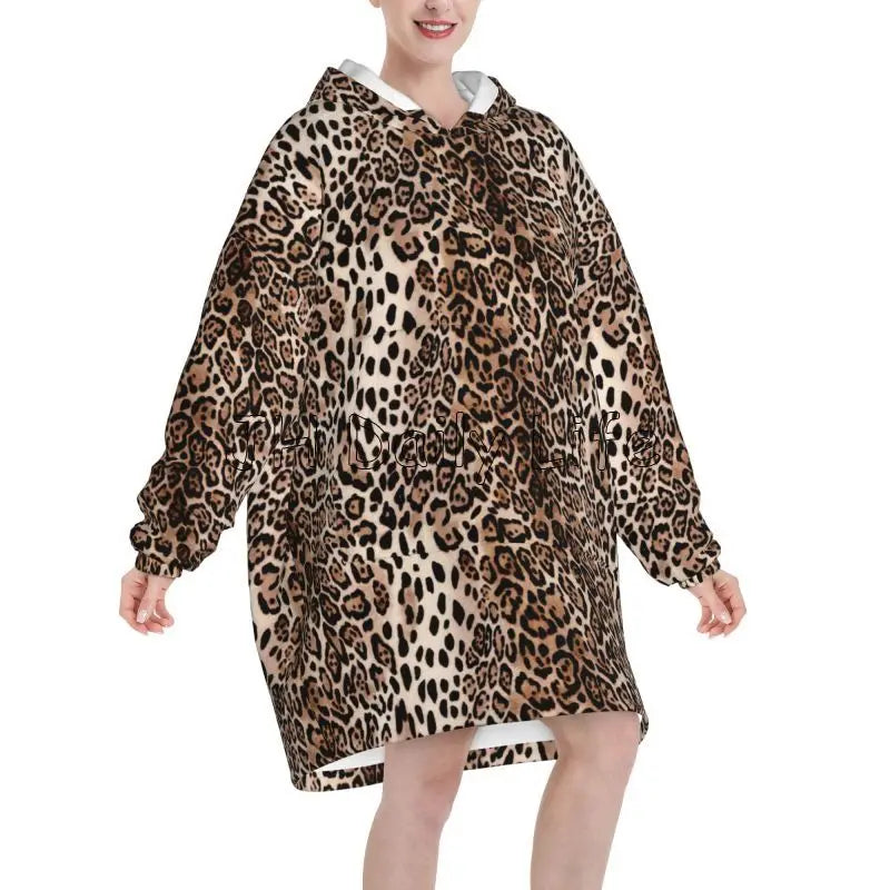 Leopard Oversized Blanket Hoodie Sweatshirt Wearable Fleece Pullover Warm Cozy Microfiber Fleece Sherpa Blankets