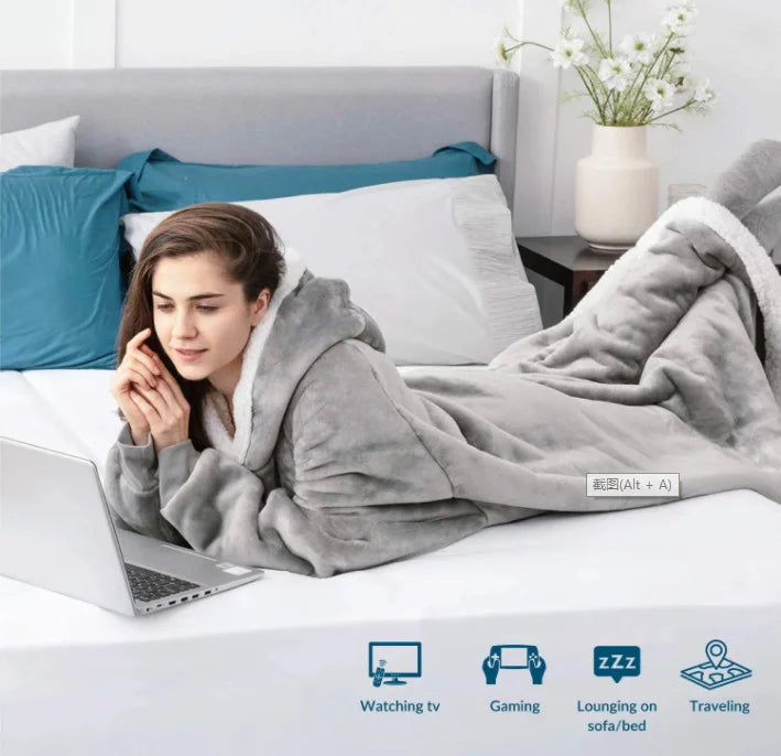 Winter Hoodies Sweatshirt Thick Warm Fleece Giant TV Oversized Wearable Blanket with Flannel Sleeves Hooded Blanket