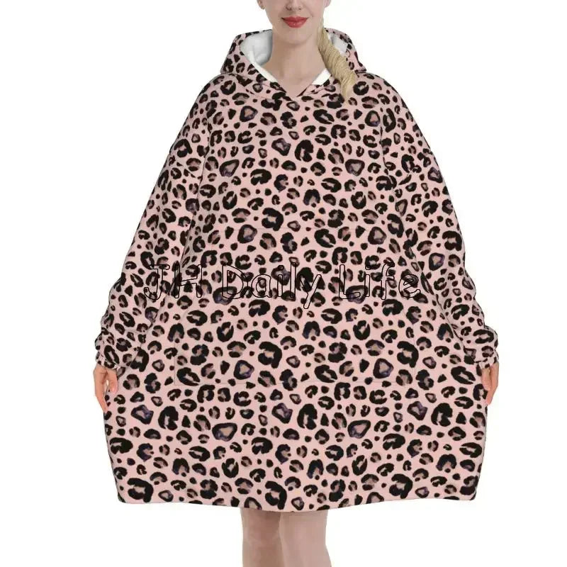 Leopard Oversized Blanket Hoodie Sweatshirt Wearable Fleece Pullover Warm Cozy Microfiber Fleece Sherpa Blankets