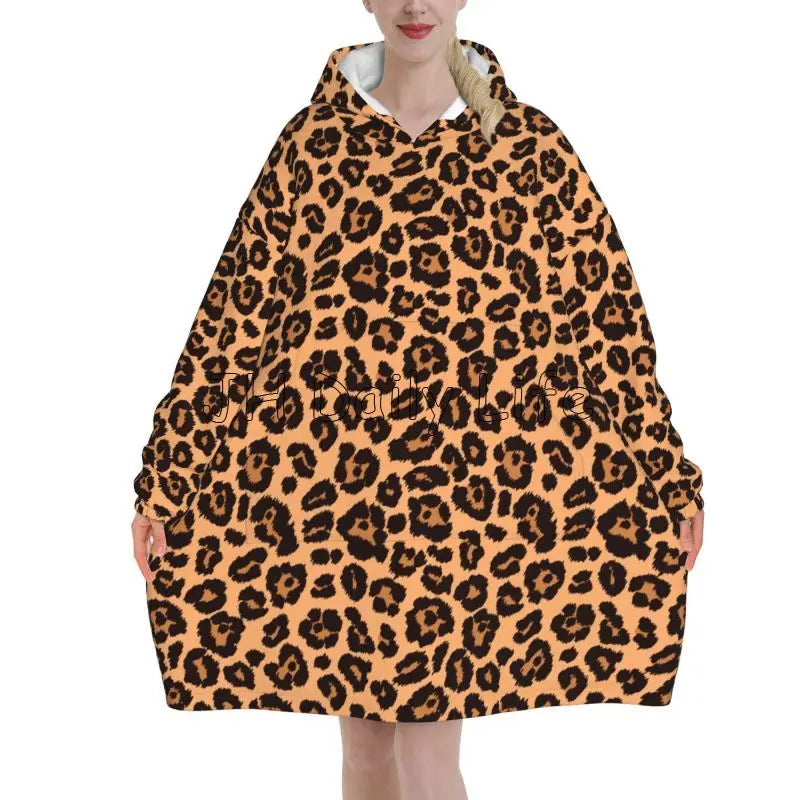 Leopard Oversized Blanket Hoodie Sweatshirt Wearable Fleece Pullover Warm Cozy Microfiber Fleece Sherpa Blankets