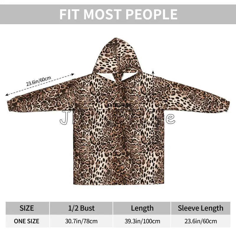 Leopard Oversized Blanket Hoodie Sweatshirt Wearable Fleece Pullover Warm Cozy Microfiber Fleece Sherpa Blankets