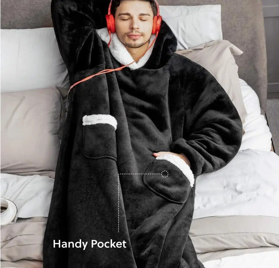 Winter Hoodies Sweatshirt Thick Warm Fleece Giant TV Oversized Wearable Blanket with Flannel Sleeves Hooded Blanket