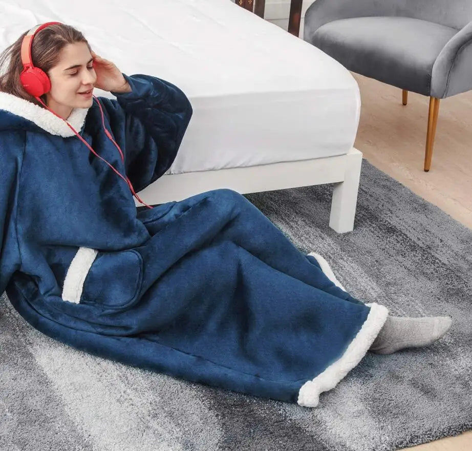 Winter Hoodies Sweatshirt Thick Warm Fleece Giant TV Oversized Wearable Blanket with Flannel Sleeves Hooded Blanket