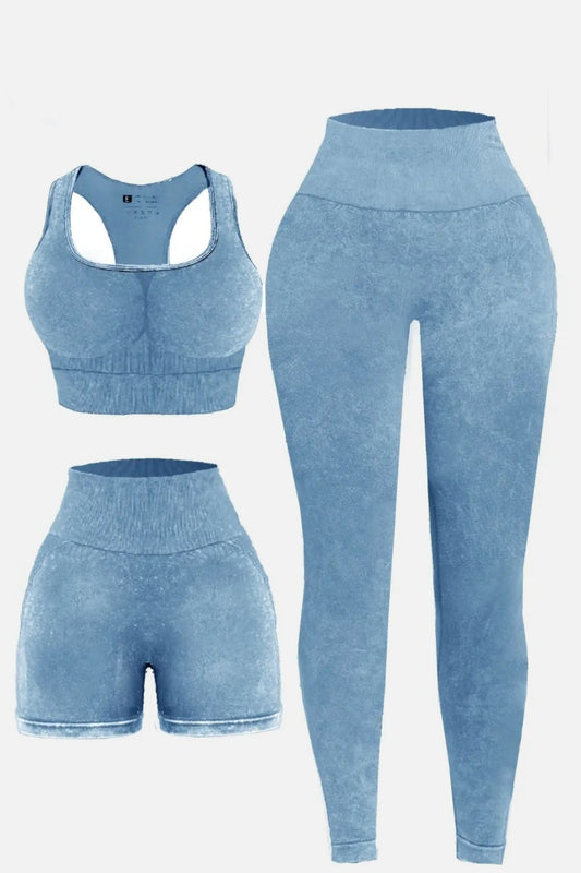3 Piece Washed Square Neck Wide Strap Active Set in blue, featuring a sports bra, shorts, and leggings.