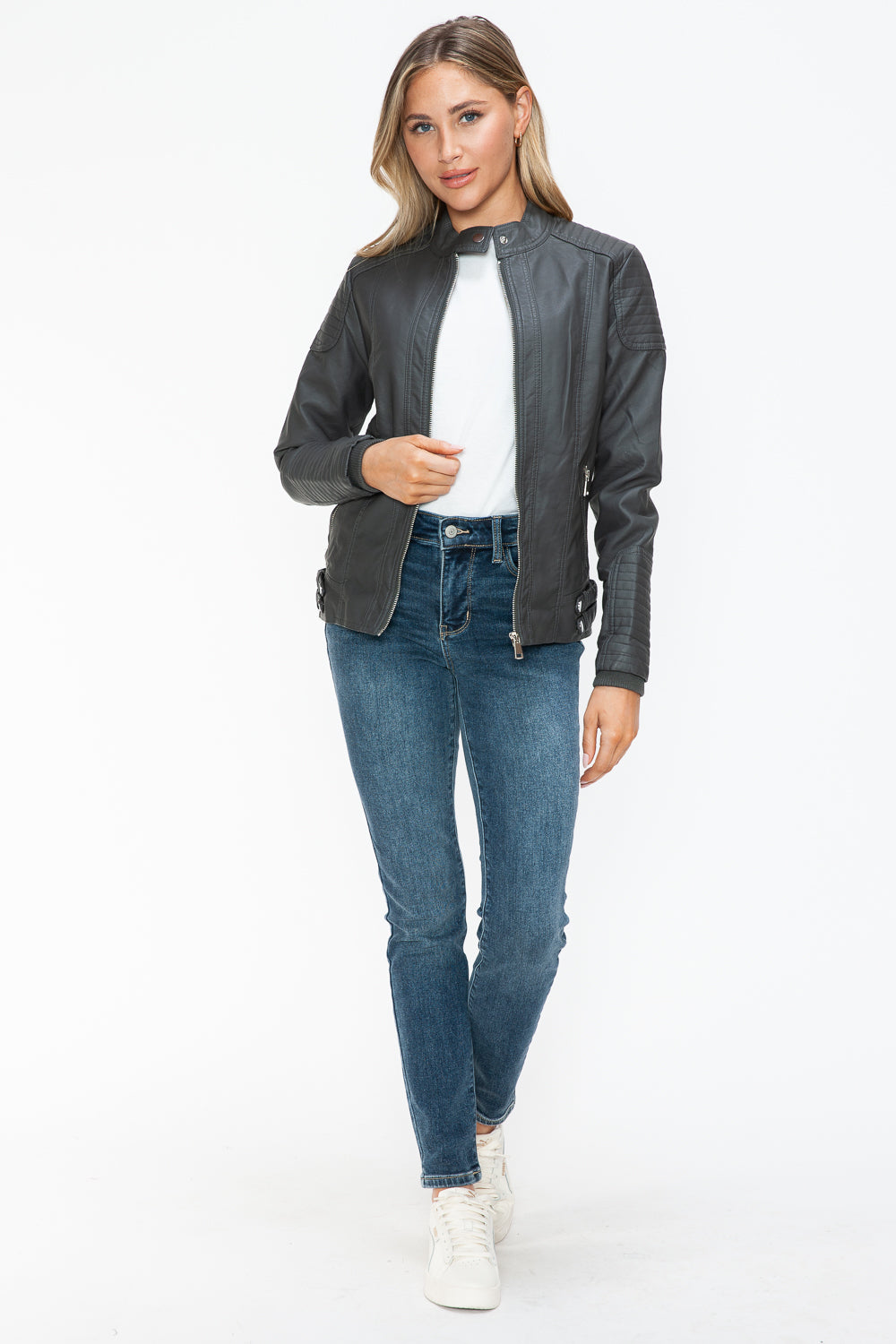 Snobbish Faux Leather Biker Jacket with Side Zip Pockets