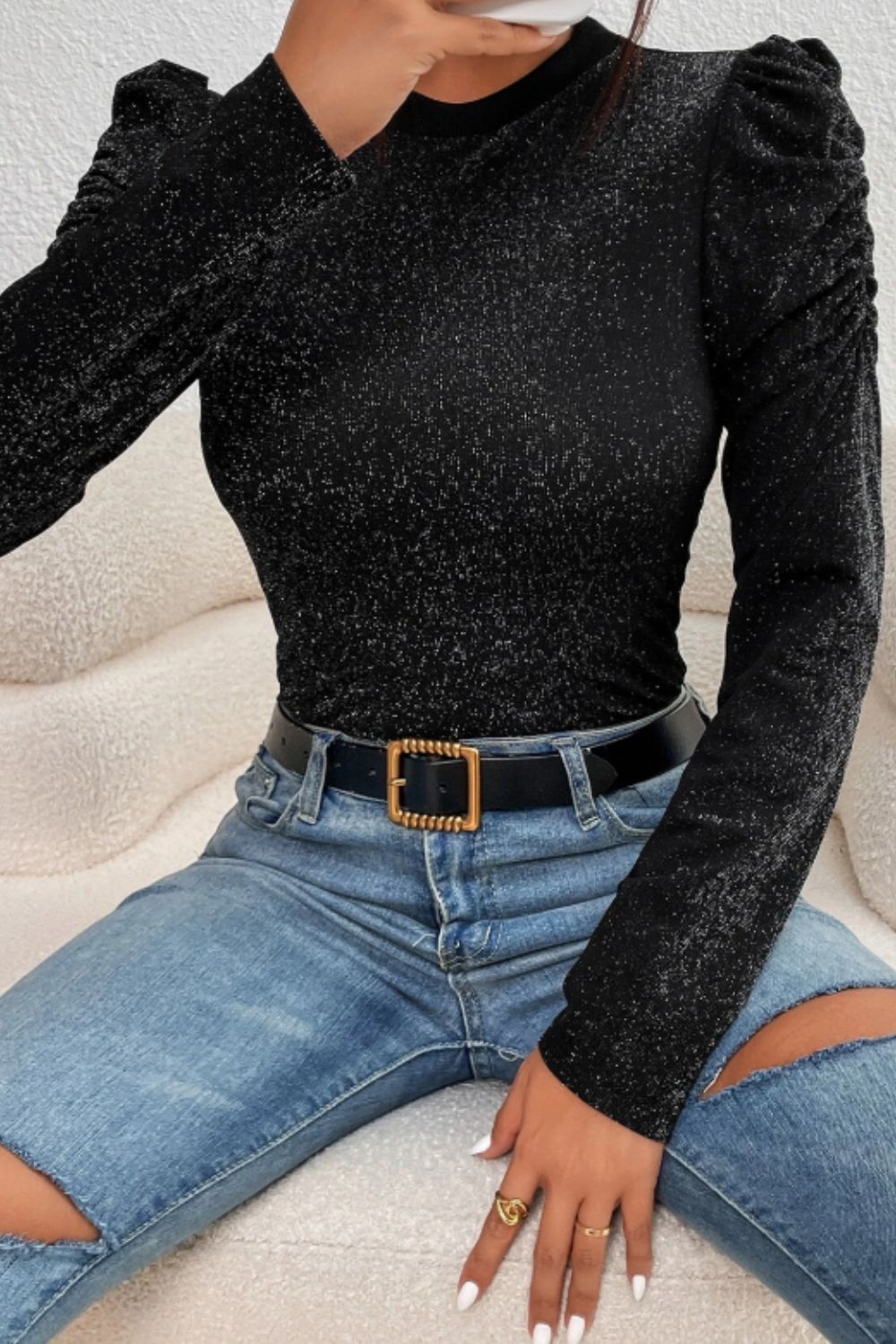 Metallic Round Neck Puff Sleeve Blouse