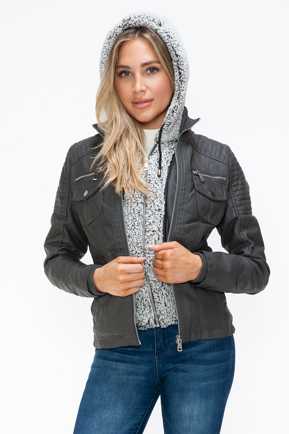 YMI Removable Faux Layered Multi-Pocket Jacket with Fuzzy Hood