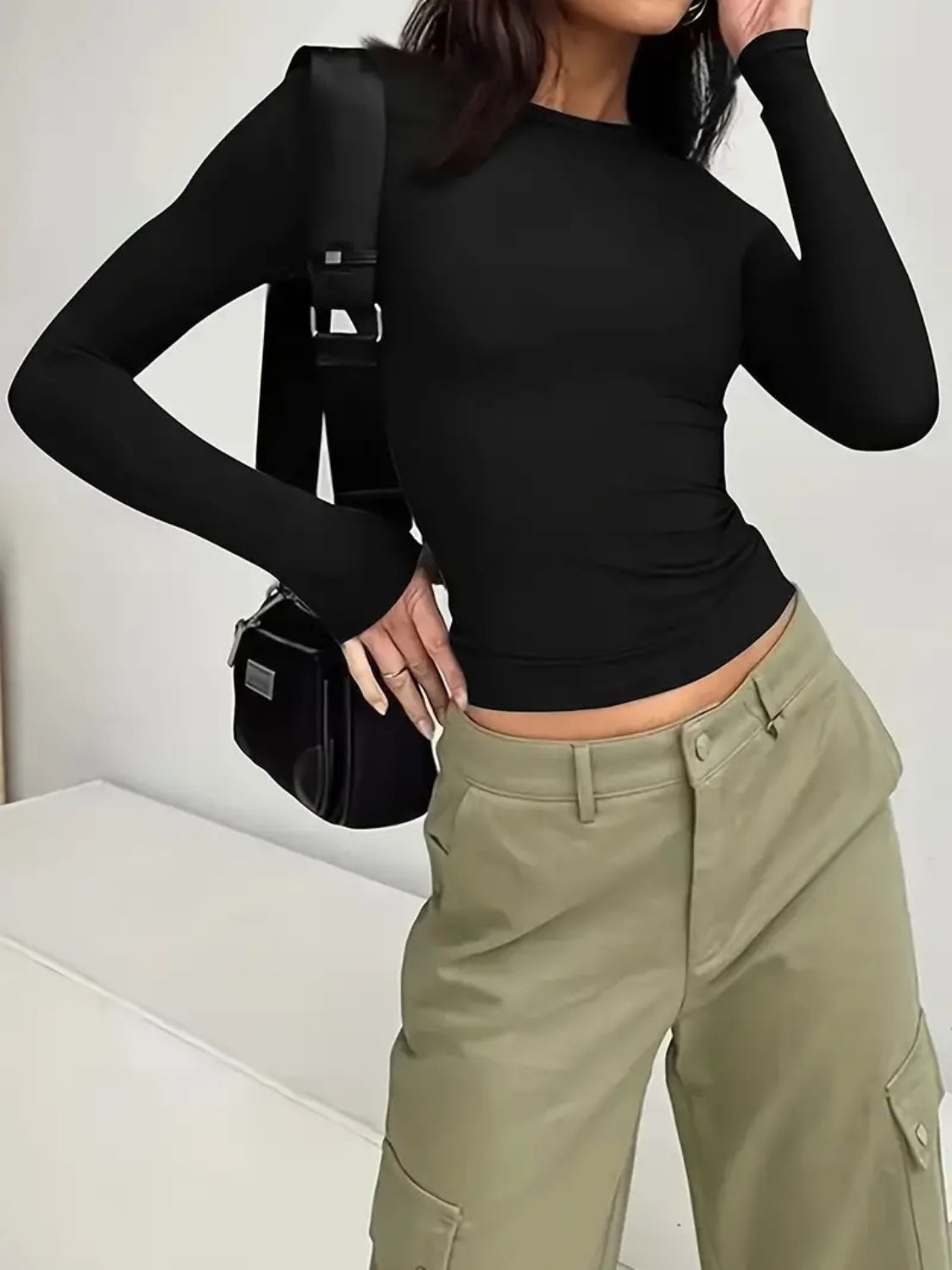 Solid Color Round Neck Long Sleeve T-Shirt